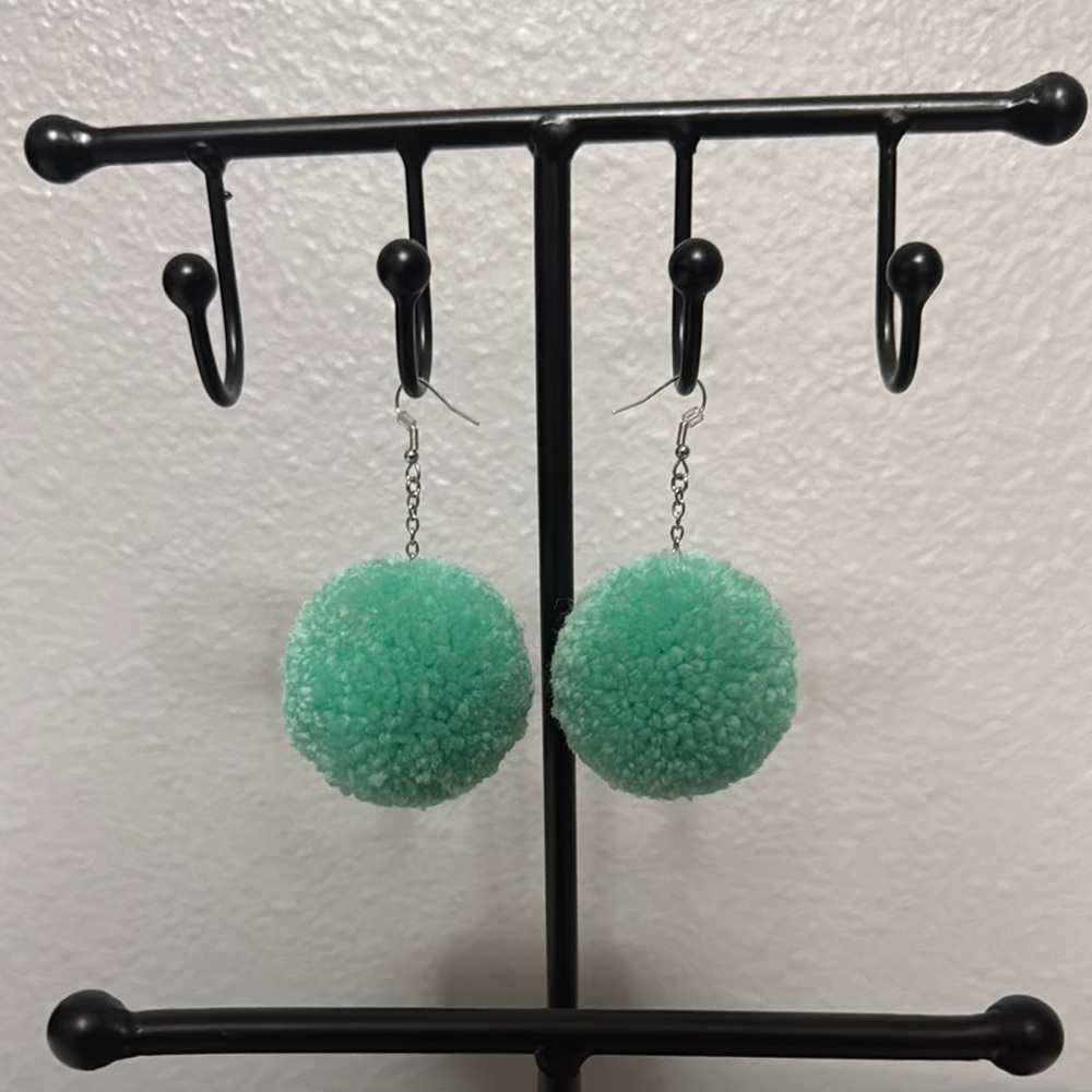 Mint Green Pom Pom Earrings